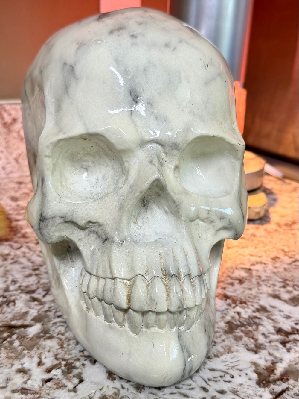 Glazed Ceramic Skull Figurine in White and Gray